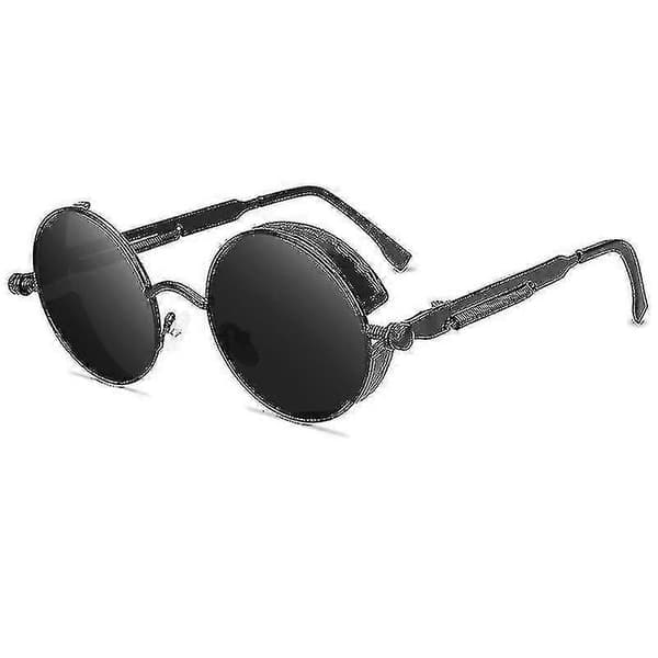 Vintage Polariserade Steampunk Solglasögon Herr Rund Black Frame Grey Lenses