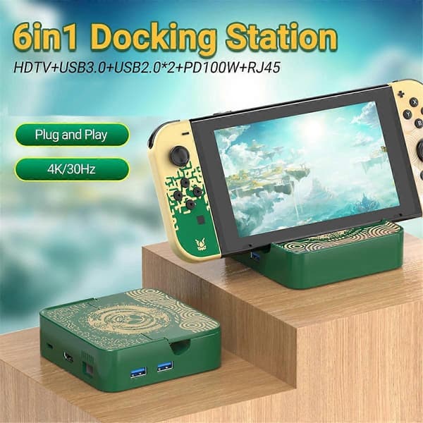 6 i 1 Dockingstasjon for Switch med 4K/30Hz USB3.0+USB2.0x2 PD 100W Hurtiglading RJ45 100Mbps Switch TV-Docking