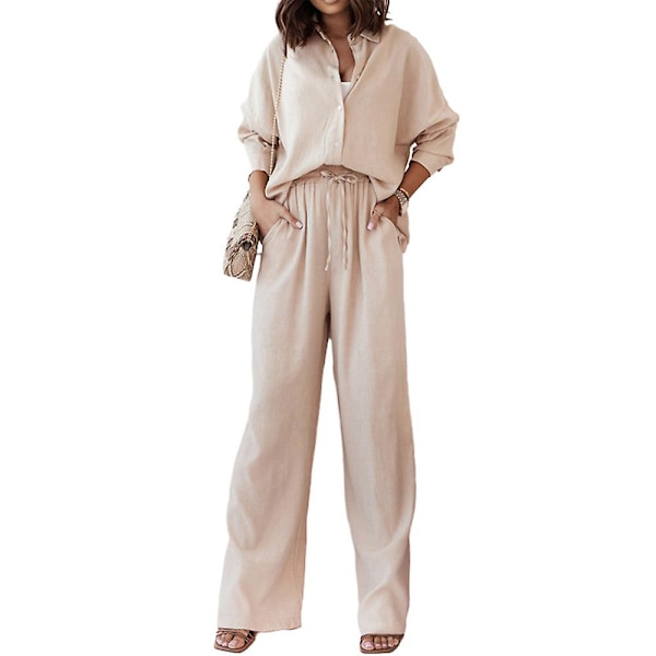 Lös Dam Enfärgad Outfit Skjorta Toppar + Elastisk Hög Midja Vida Ben Byxor Set Lös Vardaglig Arbete Lounge Kläder Apricot 2XL