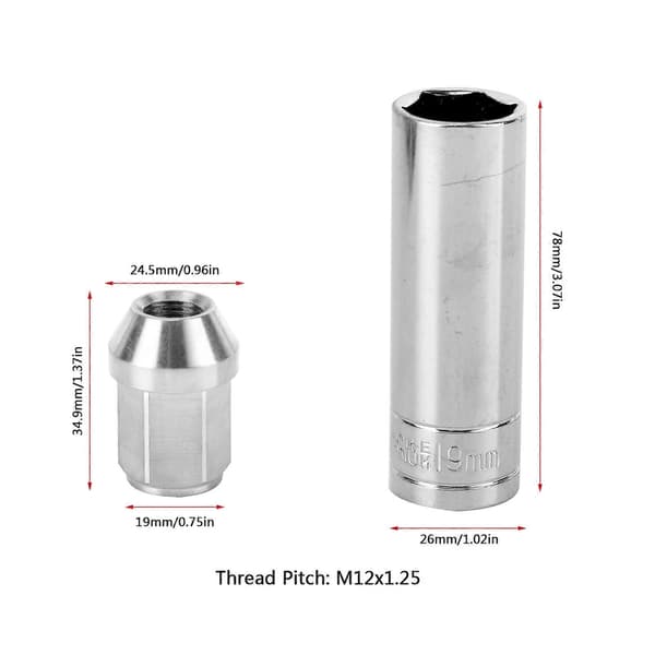 20 stk. hjulmuttere med pipe M12x1.25 gjengestigning Universal rustfritt stål