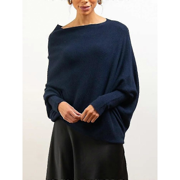 Asymmetrisk draperad tröja, en tröja lika mjuk som molnen, dam långärmad slapp batwing enfärgad mjuk stickad tröja Navy blue