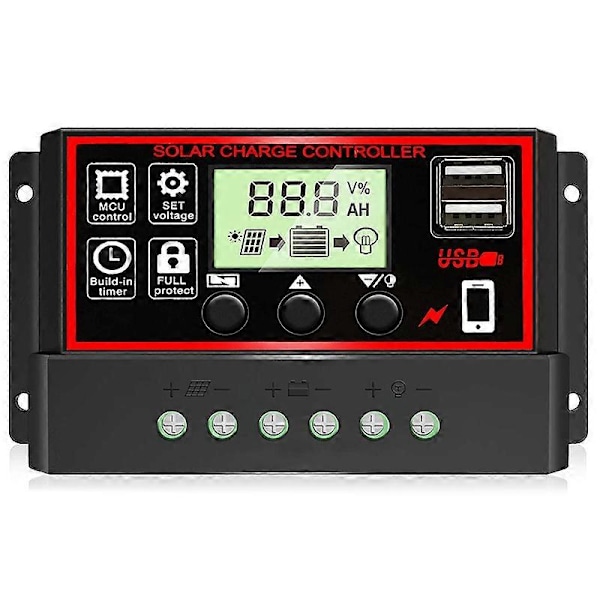 Solar Opladningscontroller Sort Solpanel Batteri Smart Regulator Dobbelt USB-porte Automatisk Justerbar LCD-skærm