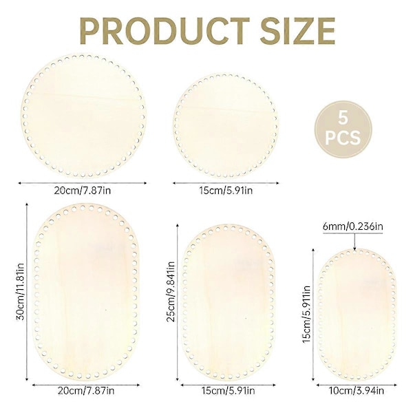 5 STK Trekurvbunn, 5 Størrelser Oval Sirkel Blank Solid Heklekurv Trebase for DIY Kurvhåndverk Vevetilbehør