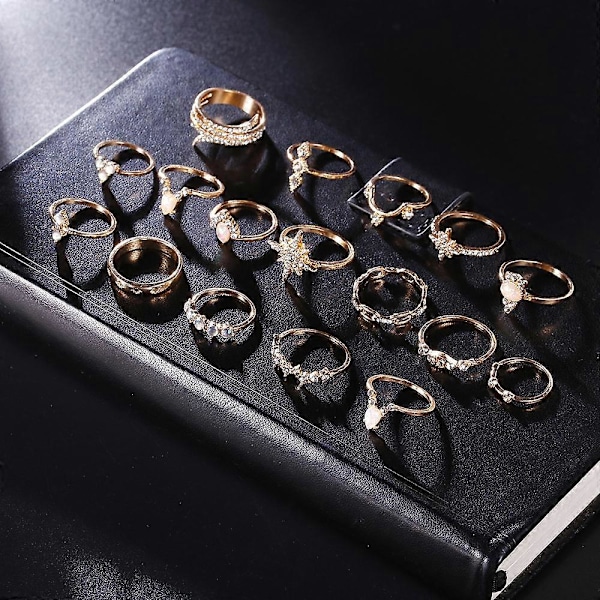 17 st Unika Graverade Stapelbara Knogringar Legering Boho Etnisk Stil Faux Ädelsten Fingerringar Smyckestillbehör