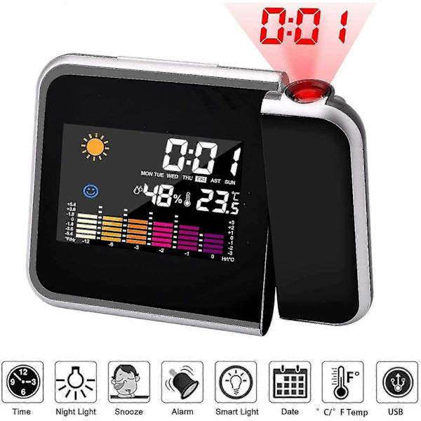 Projektionsväckarklocka, digital LCD-projektionsväckarklocka, USB-C