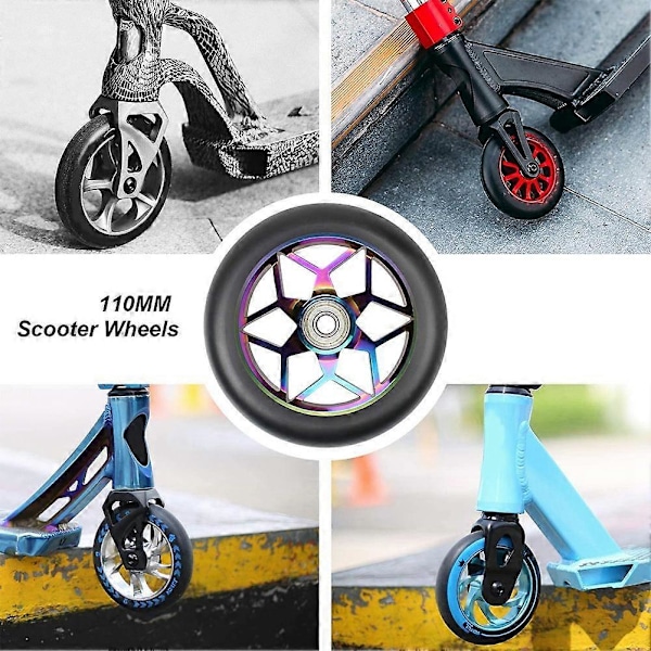 2 stk. Scooter Tilbehør 110mm Scooter Hjul Farverige Pu Hjul Tykke Stunt Bil Hjul med Lejer (Sort)