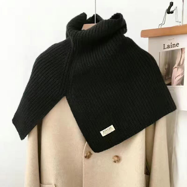 Höst och vinter enfärgad hög krage slits cape damtröja sjal med dekorativ tröja halsskydd varm halsduk black