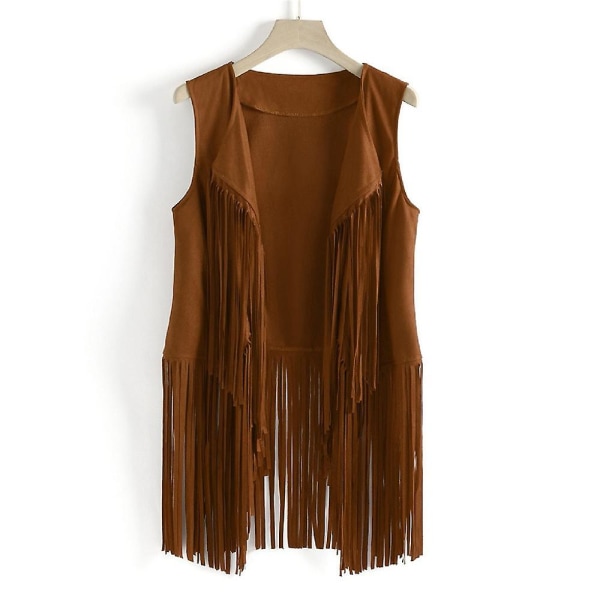 1970-tals Dam Tofs Ärmlös Väst 70-tals Retro Hippie Faux Mocka Fransjacka Kofta Khaki S