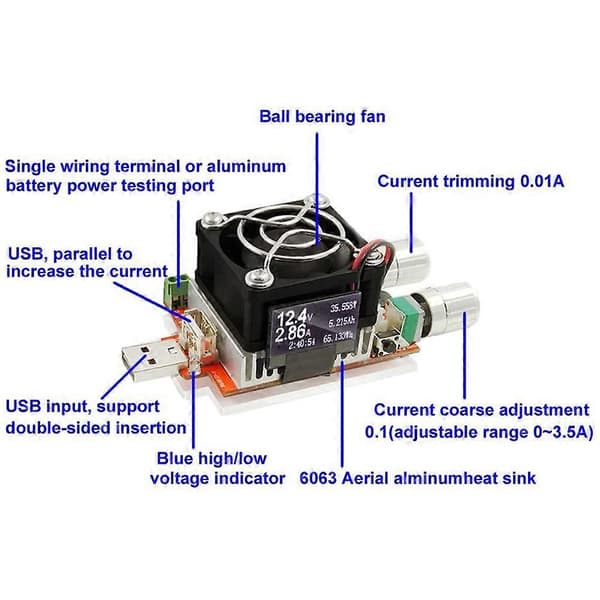 35W USB Elektronisk Belastning Justerbar Konstant Strøm Aldringsmodstand Batterispænding Kapacitetstester Qc2.0/3.0 Voltmeter