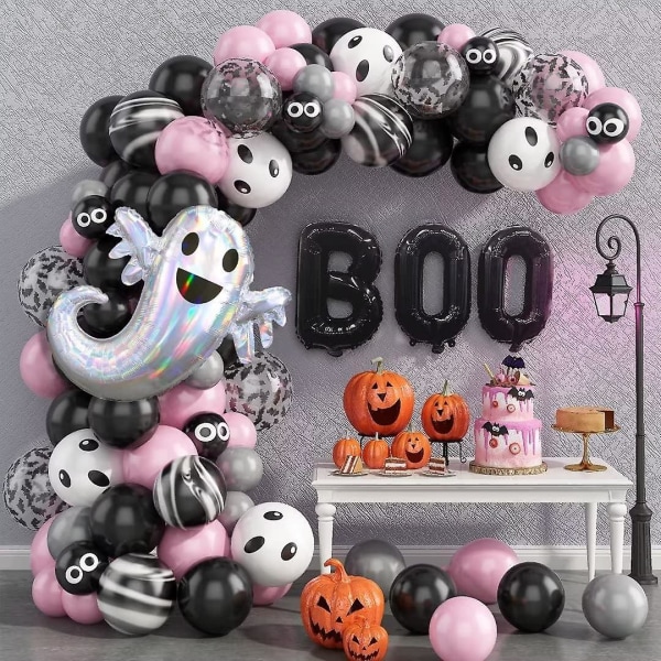 Halloween ballongbåge, 76st Halloween festdekorationer, svart rosa halloweenballonger, Boo Ghost folieballonger, rosa boballongbågesats för indoo