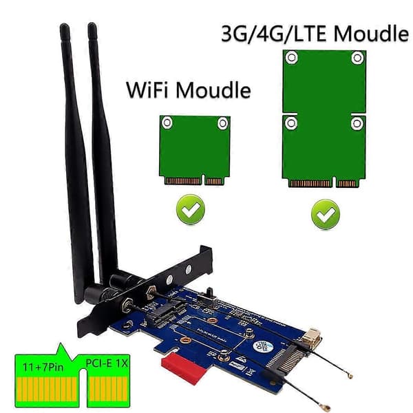2 Antenn Mini PCI-E PCI Express till PCI-E 1X Adapter med SIM-kortplats för WiFi och 3G/4G/LTE-kort