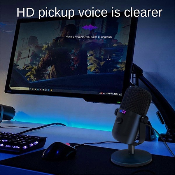Gaming USB Kondensatormikrofon med RGB-ljus/Knappar Tyst för PC Gaming Inspelning Streaming Svart
