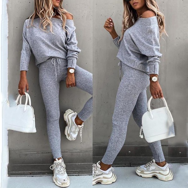 Kvinnor Vanlig Casual träningsoverall långärmad T-shirt Leggings Skinny Pants Outfit Set Light Grey L