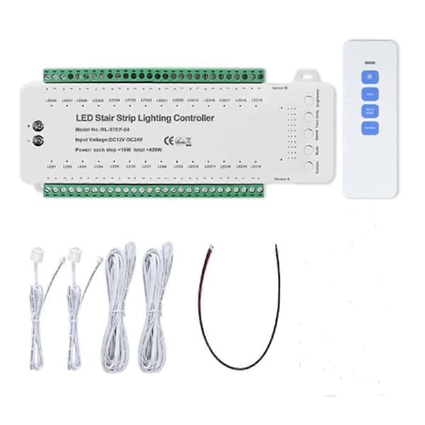 28 Stegs Trappbelysningskontroller med PIR Rörelsesensor 28 Kanaler Trappstrip Dimmer DC12V 24V för Hemtrappa