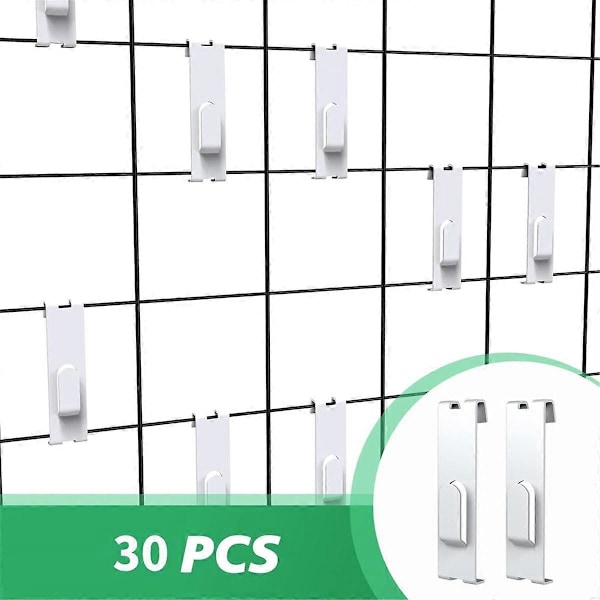 30 stk. Gridwall-kroker, Grid Panel-kroker, Grid Wall-krok, Grid Wall-tilbehør, Wire Grid-krok, Grid-hyllekroker, Hvit