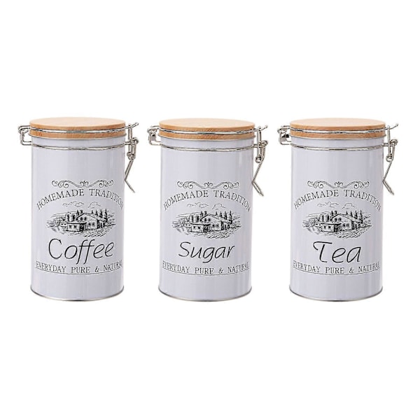 3 st Kaffe Socker Burk Set Stor Kapacitet Lätt att Rengöra Multifunktionella Metall Te Kaffe Sockerburkar med Lufttätt Förseglat Bambulock