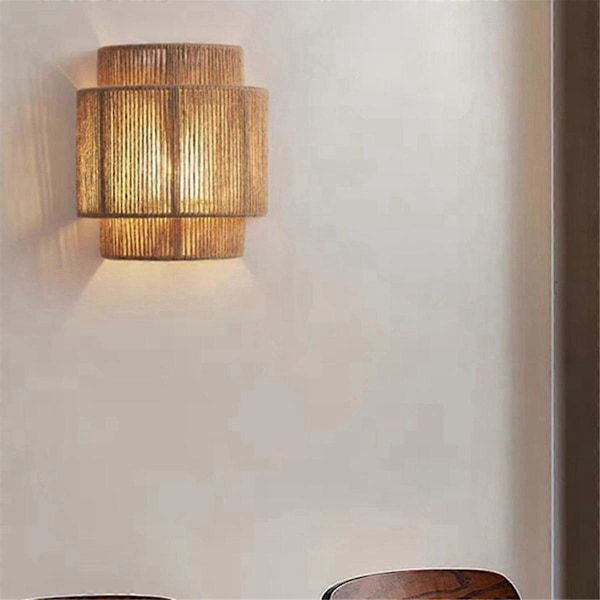 Japansk Retro Rattan Vävning Vägglampa LED Trefärgat Ljus Vägglampetter Rum Sovrum Sängbord Korridor