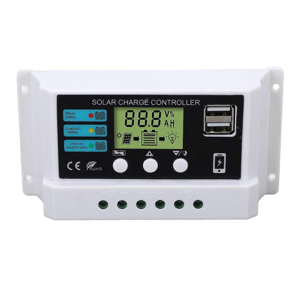 Solar Controller Industriel Chip LCD Display Overbelastningsbeskyttelse Solar Regulator 12V 24V Selvtillpassende Hvid 10A