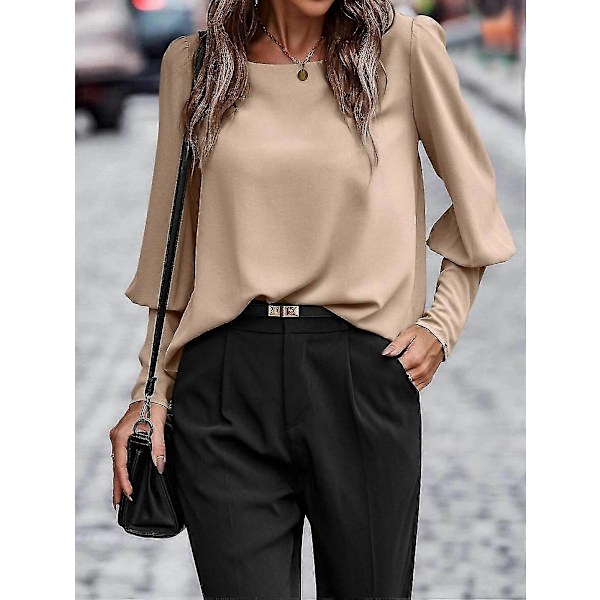 Langermet skjorte for kvinner Rund hals Ensfarget Lett Tunika Topper Bluse XL