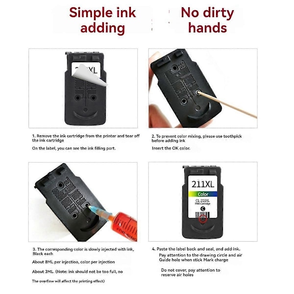 Genopfyldeligt blæk til -211XL MP240 MP250 MP270 MP280 MP480 MP495 printer