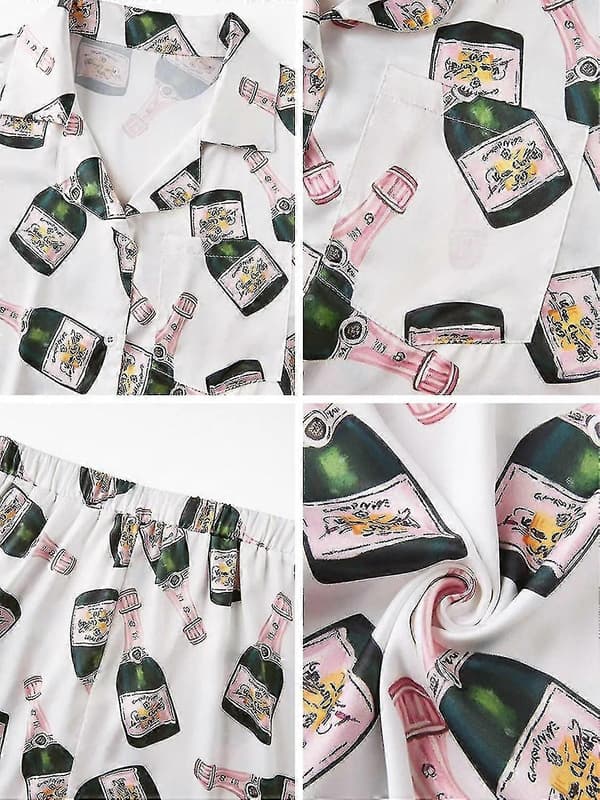 Champagne Flaskor Knapp Pyjamas Set Kvinnor Tryckt Kortärmad 2 Delar Mjuk Lös Casual Nattkläder L