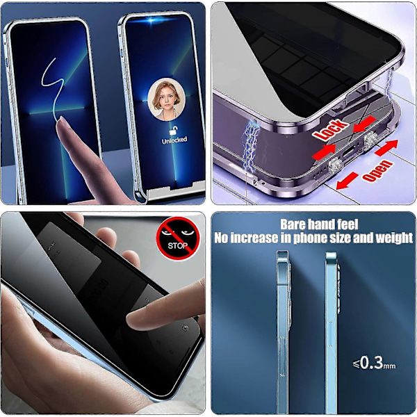 Magnetisk Privacy-deksel med lås for iPhone 15 Pro Max, Anti-Peeping Magnetisk Herdet Glass Dobbeltsidig Telefondeksel Purple