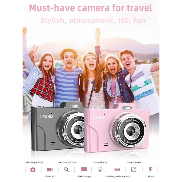1080P Lasten Kamera 48MP Kaksoislinssit 8X Optinen Zoom Mini 2.8 tuuman TFT-näyttö Loistava Pojille Tytöille Lapsille - Pinkki