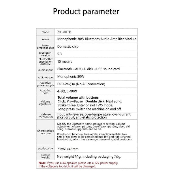 ZK301B Mono 30W BT5.3 Digital Lydforsterkermodul Støtter Ekte Trådløs TWS med APP DIY Enkel Mono Forsterkerkort