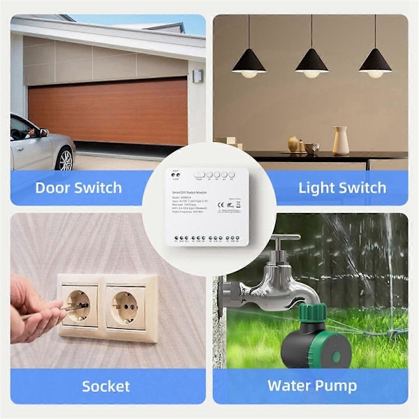 Tuya WiFi 4-kanals Switchmodul, 85-250V RF 433 Fjärrkontrollrelä DIY-modul, med Alexa, Home