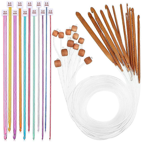 23 Delar Tunisiska Virknålar Set 3-10 mm Kabel Bambu Sticknål med Pärla Karboniserad Bambunål Virknål 2-8mm