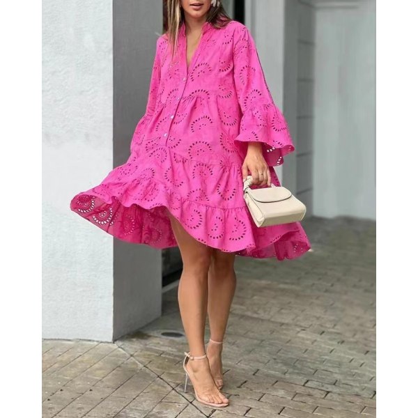 Sommar Elegant Retro Spetsklänning V-ringad Lös Ihålig Sexig Klänning Rose Red XXXL