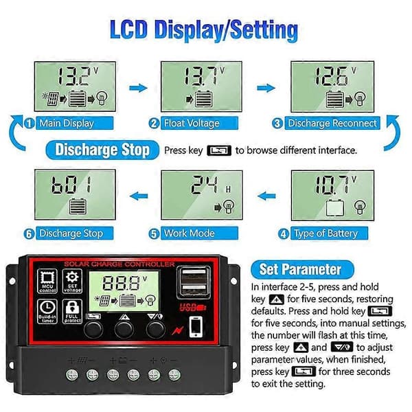 Solar Laderegulator Svart Solcellepanel Batteri Smart Regulator Doble USB-porter Automatisk Justerbar LCD-skjerm