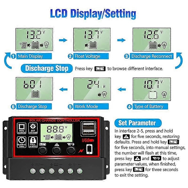 Solar Opladningscontroller Sort Solpanel Batteri Smart Regulator Dobbelt USB-porte Automatisk Justerbar LCD-skærm