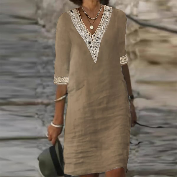 Dam Vintage Mini Klänning Sommar Mode Enfärgad V-ringad Lös Knytklänning EA06132-Khaki L