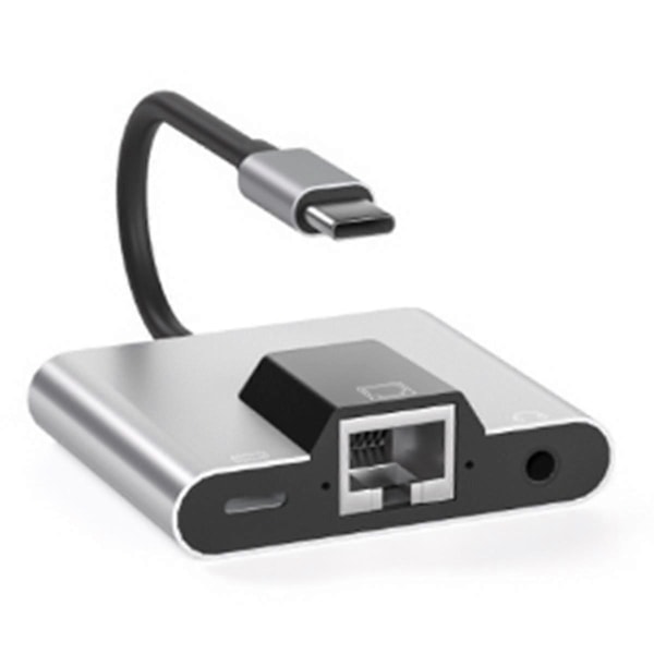 Type-C til Ethernet LAN Nettverksadapter Hub USB C til 3.5mm Audio PD Hurtiglading Dokkingstasjon for Laptop Mobiltelefon