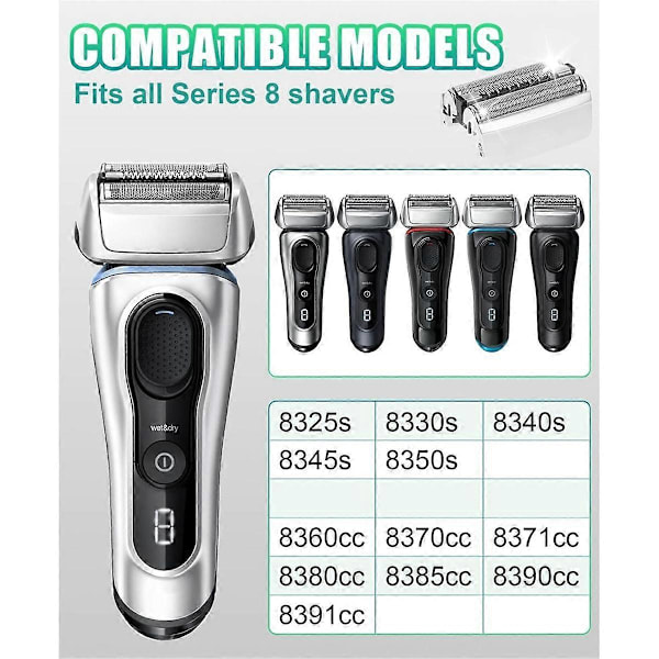 2-pack 83M Ersättningshuvud för Series 8 S8 Ersättningshuvud Elektriska Blad Modell 8370Cc, 8340S, 8350S, 8467