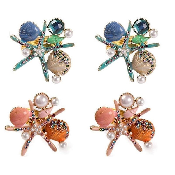 6 stk. Servietringe med Søstjerner, Perle Rhinestone Ocean Coastal Nautiske Servietringholdere Servietspænde til, Pink