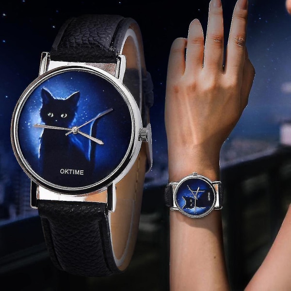 Tflycq Oktime Dam Mystisk Svart Katt Konstläder Analog Kvarts Klocka