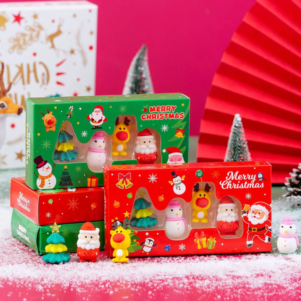 4 st Suddgummi Barn Box Set Målning God Jul Jultomten Penna Eraser Skola Student Kontor Brevpapper Skrivpresent