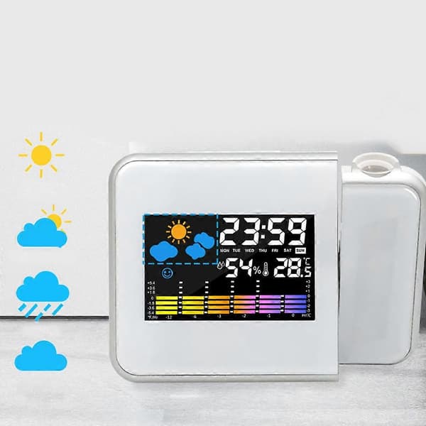 LED Digital Projektions Vækkeur, LED Ur med Temperatur & Termometer Display, Projektor Kalender, Sort