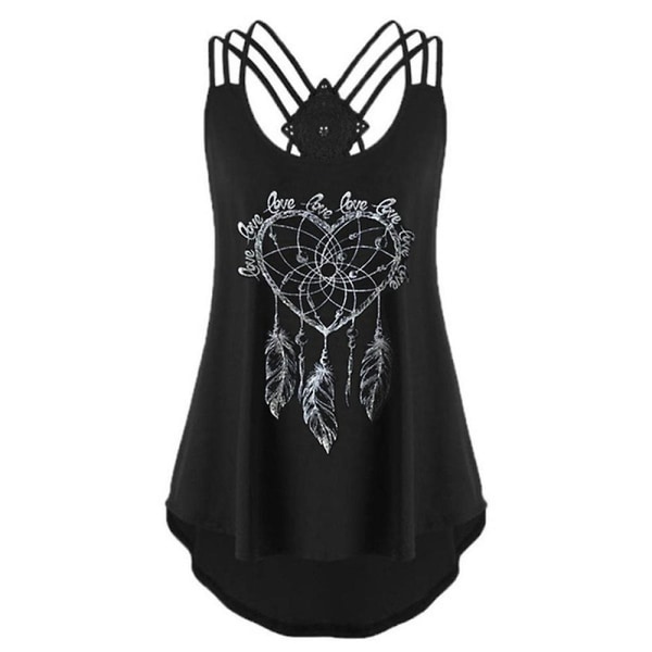 Dam Plus Size Ärmlös Tryckt Sommar Casual Väst Plisserade Linnen Toppar Blus Black 4XL