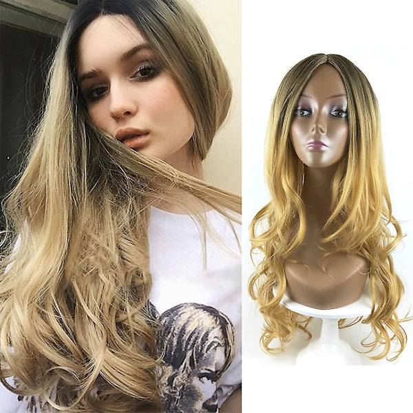 Kvinnor Gradient Linne Brun Långt Hår Peruker Lockiga Vågiga Peruker Cosplay Vardagsperuker
