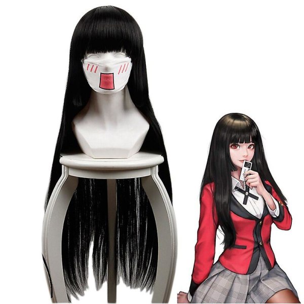 Kakegurui Yumeko Jabami Cosplay Peruker 100cm Anime Svart Långt Rakt Värmebeständigt Syntetiskt Hår Perucas Cosplay Kostym Peruk