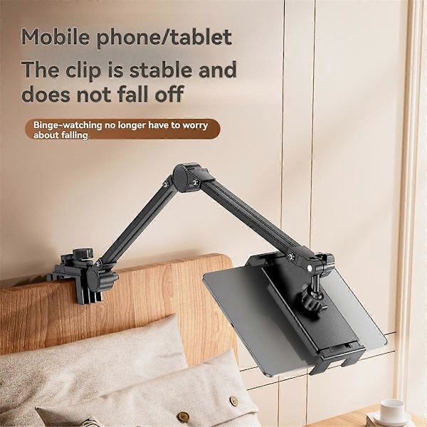 Säädettävä sängyn tablet-pidike, pyörivä pitkä varsi, metallinen pöytätablettiteline, kiinnityspuristin 4,7–10,2 tuuman tableteille