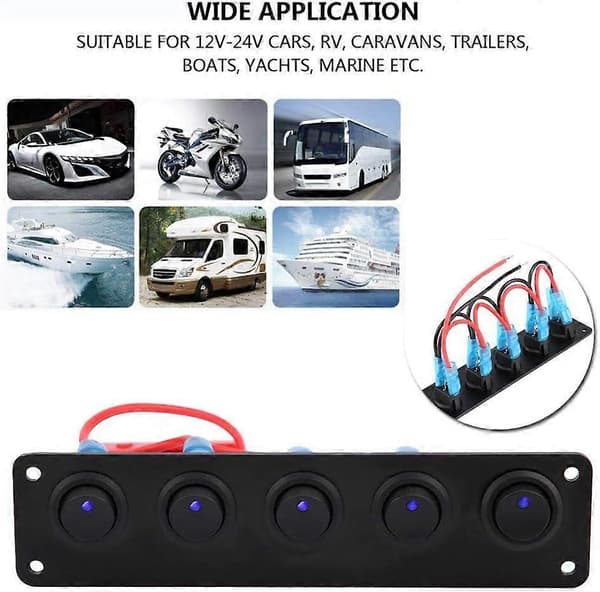 Vippebryter, 12V-24V 5-veis kontrollpanel med rødt LED-lysbryter