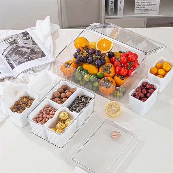 Stor Snackle Box - Uppdelad Serveringsbricka med Lock - Charkbehållare för Portabelt Snacks - Klar Organizer Vit