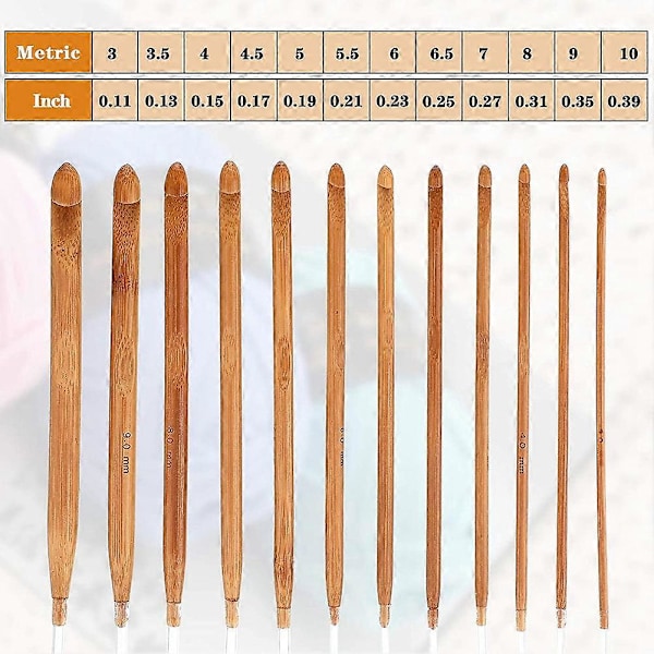 23 Delar Tunisiska Virknålar Set 3-10 mm Kabel Bambu Sticknål med Pärla Karboniserad Bambunål Virknål 2-8mm