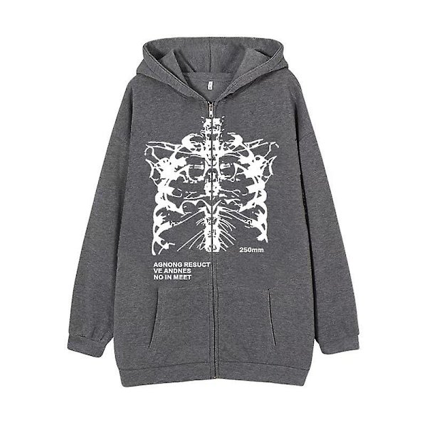 Mörk Zip Hoodie Skelett Hoodie Benprydd Hoodie dark grey-white L