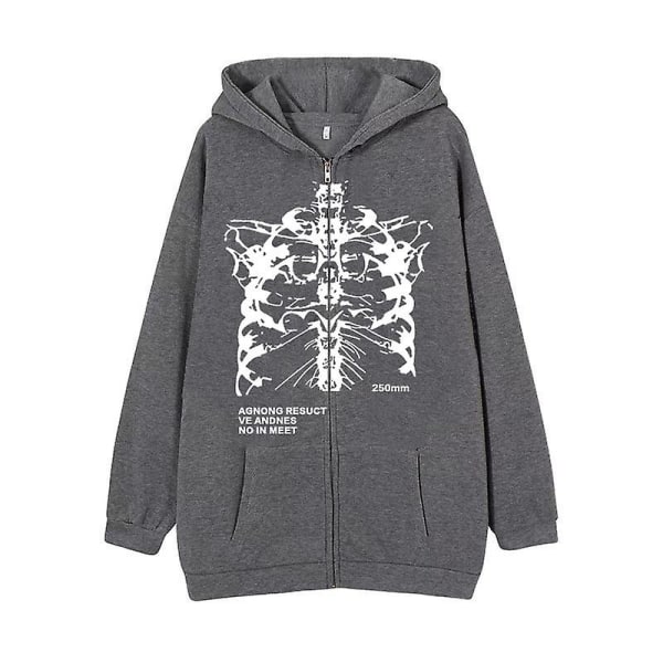 Mörk Zip Hoodie Skelett Hoodie Benprydd Hoodie dark grey-white XL