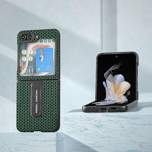 Lyxigt texturerat fodral med stativ i äkta kohudläder + PC-skal för Samsung Galaxy Z Flip5 5G Green